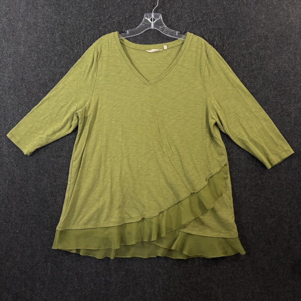 Soft Surroundings Tunic Top Women's XL Green Knit Ruffle Hem V Neck 3/4 Sleeve
